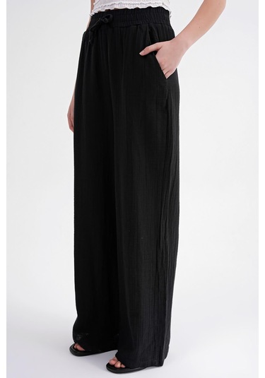 4286 Kadın Bol Paça Beli Lastikli Müslin Palazzo Pantolon Siyah Siyah