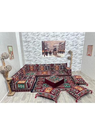 Coton Şark Köşesi Milas Desen Köşe Minder Takımı Bordo