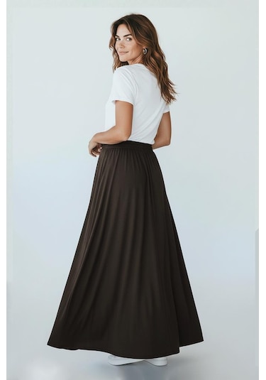 Kadın Modal Kumaş Lastikli Bel Midi Etek Kahve