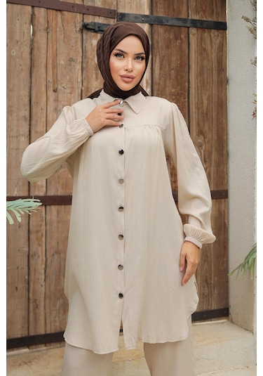 Büzgü Detaylı Tesettür Bej Takım Bej