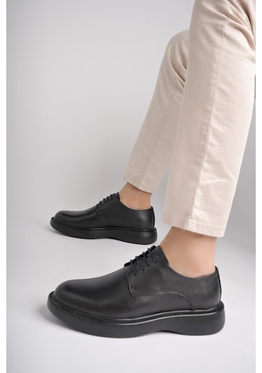 Muggo Smith Garantili Günlük Klasik Hakiki Deri Casual Rahat Ortopedik Kalın Taban Erkek Ayakkabı Siyah