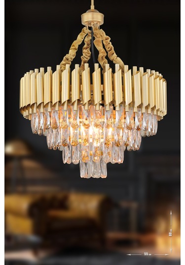 Avizemoda Palmira 55'Lik Prizma Kesim Kristal Taşlı Lüks Avize - (Sarı-Yaldız)