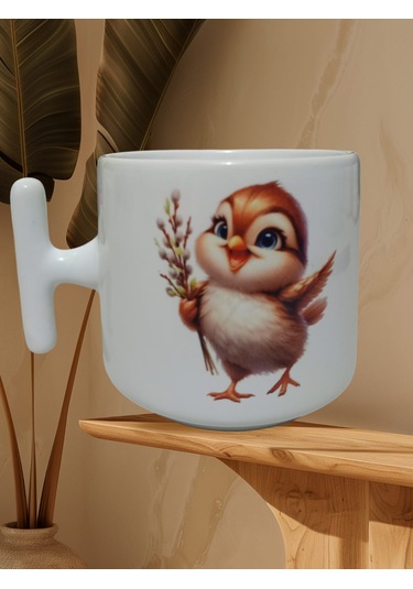 Sevimli Serçe Çift Taraf Baskılı T Kupa Bardak Beyaz T