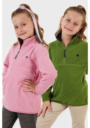 Lela Yumuşak Dokulu Fermuarlı Dik Yaka Şardonlu 2'Li Paket Çocuk Polar 5905002S2 Fıstık Yeşil-Şeker Pembe