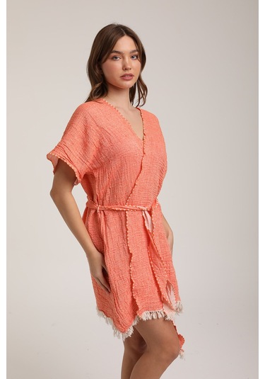 Life For Moda Kadın Kuşaklı Müslin Pareo Kimono P 80 Turuncu