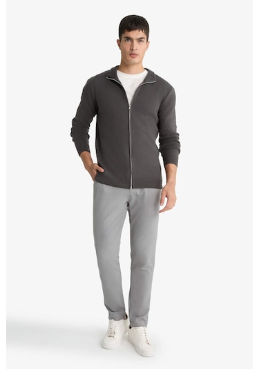 Defacto Standart Fit Dik Yaka Fermuarlı Triko Hırka C8158ax25augr308 Gri