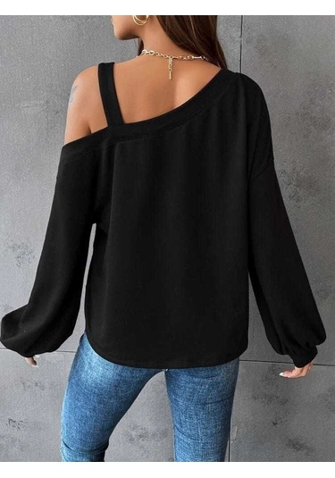 Kadın Uzun Kollu Tek Omuz Askı Detay Salaş Viskon Iki Iplik Bluz Bediva 001