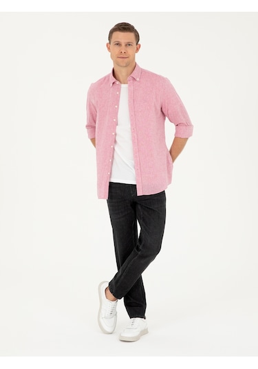 Cacharel Kırmızı Slim Fit Keten Karışımlı Gömlek