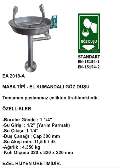 Ea 2018-a Acil Göz Yıkama Duşu - Masa Tipi Paslanmaz