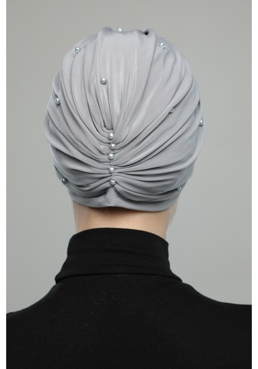 Kopma Astarlı İşlemeli Açık Gri Gül Motifli Hazır Türban Tesettür Abiye Bone Açık Gri