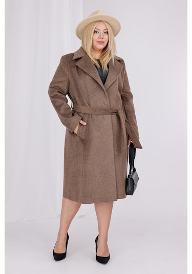 Kadın Kahve Melanj Yün Kaşe Kemer Ve Astar Detay Büyük Beden Kaban Sütlü Kahverengi