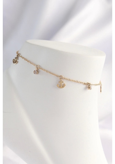 316l Çelik Gold Renk Zirkon Taşlı Minimal Çapa Tasarımlı Halhal - Tj-hh1605 Çok Renkli