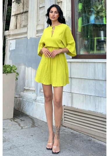 Yağ Yeşili Yaka Detaylı Lastikli Kloş Elbise Yağ Yeşili