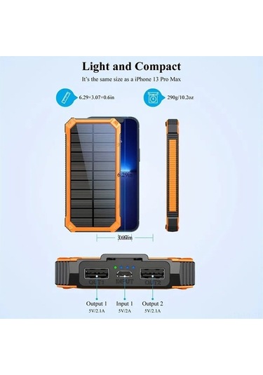 Novahub 20000mah Güneş Enerjili Şarj Cihazı, Çift Usb, Led Fener, Dış Mekan Kullanımı İçin Mükemmel