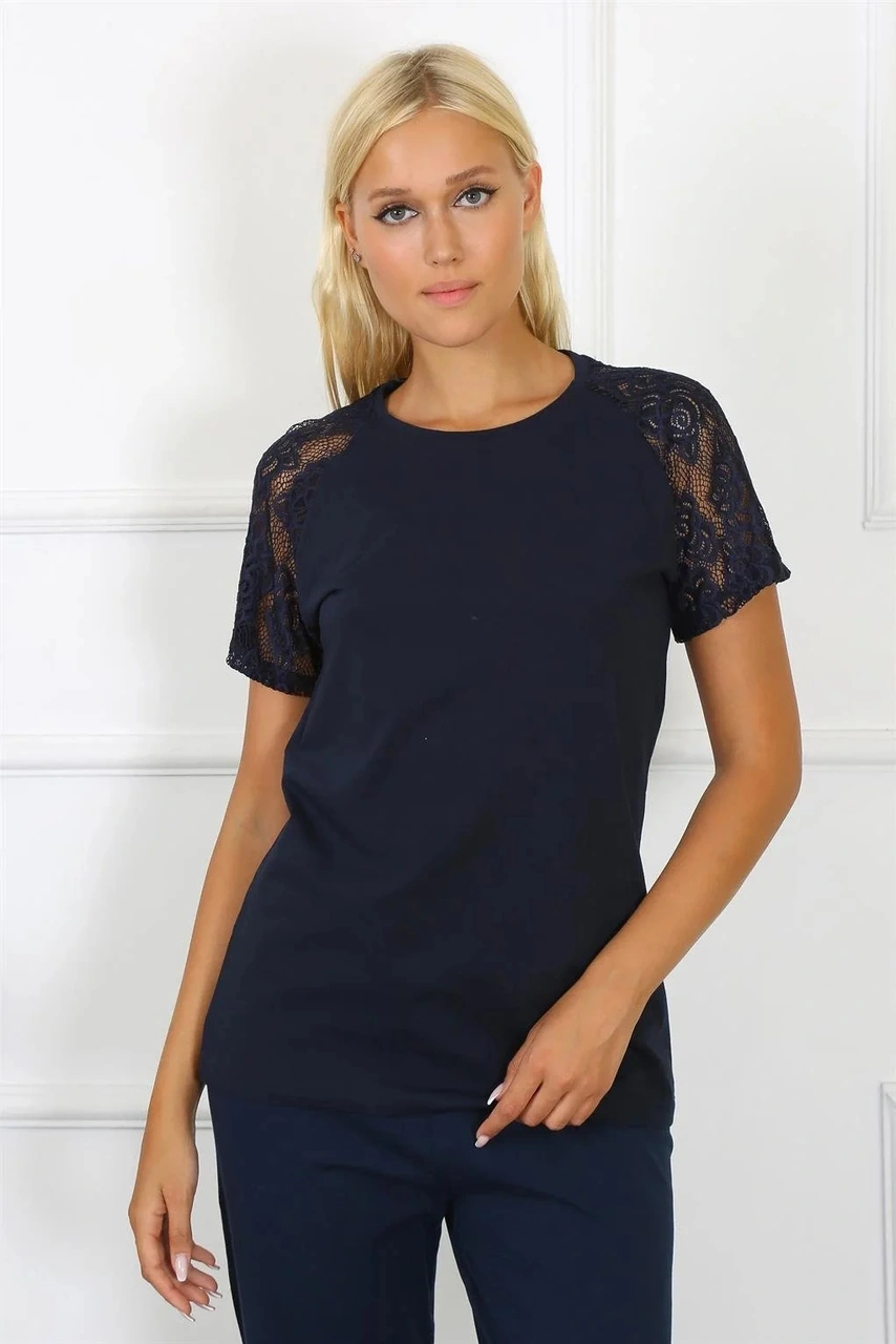 Moda Kadın Kolu Dantelli Penye Pijama Takım Lacivert Lacivert