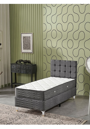 Beehanem Bengü 90x190 Tek Kişilik Baza Başlik Yatak 3 Lü Set Antrasit 90 X 190