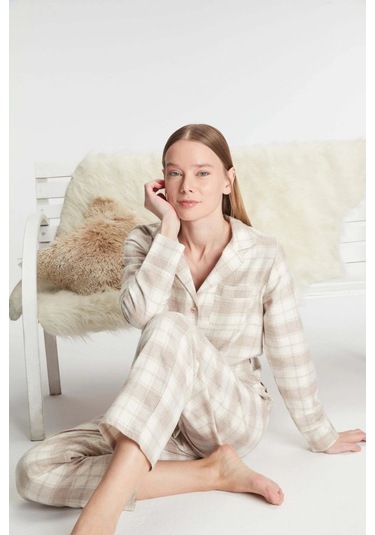 Pamuklu Uzun Kol Gömlek Pantolon Pijama Takımı Ten