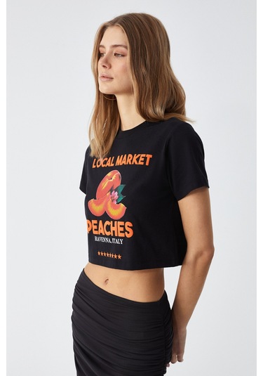 BELVETH Kadın Bisiklet Yaka Oversize Siyah T-Shirt