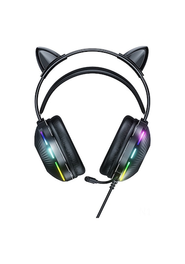 Gajeena Kedi Kulaklı Rgb Işıklı 7.1 Stüdyo Mikrofonlu Gürültü Engelleme Oyun Kulaklığı Siyah - 50mm Surround Sesli Bağlantılı Gaming Kulaklık