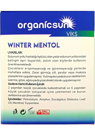 Organicsun Winter Mentol Buharlaşan Merhem Viks 40 G