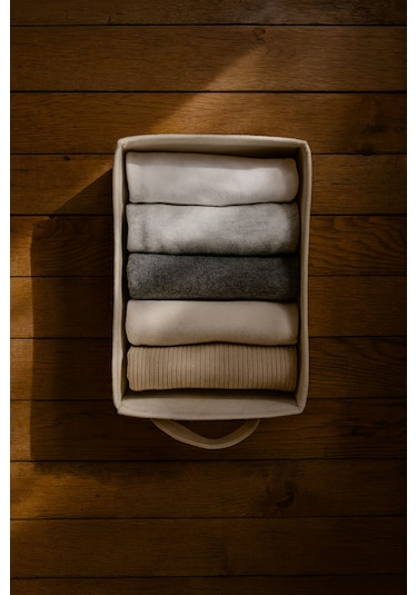 Krem Dolap İçi, Çamaşır, Oyuncak Düzenleyici, Saklama Kutusu, Keçe Sepet Organizer 38x25x13 Cm Krem