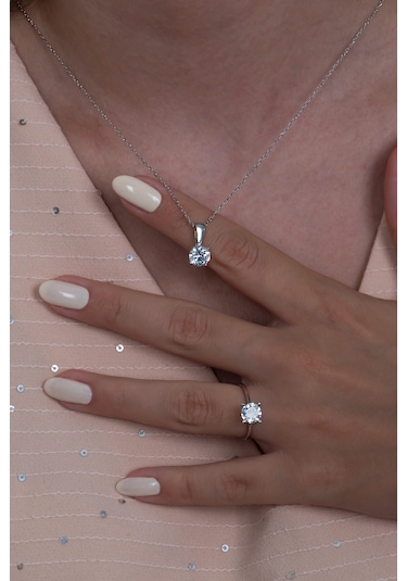 Tek Taş Gümüş Kolye Küpe Ve Yüzük Seti Ags02