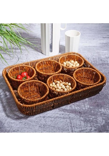 Kosova Wicker 7'li Tepsili Çerezlik Set Kahverengi