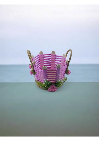 Hasır Organizer El Yapımı Sepet Takı Makyaj Kutusu Banyo Komodin Üstü Pembe