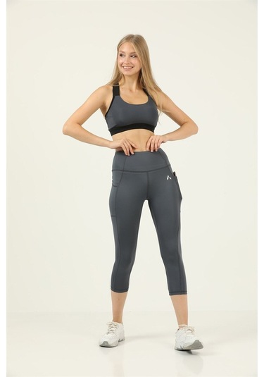 Kadın Antrasit Yüksek Bel Toparlayıcı Çift Cepli Diz Altı Kapri Tayt Capri Slim Fit 1054 Antrasit