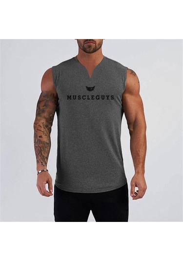 Gri Muscleguys Yeni V Yaka Beyaz Yelek Yaz Ince Slim Fit Kolsuz Tişört Giyim Eğitim Spor Kıyafetleri Gri