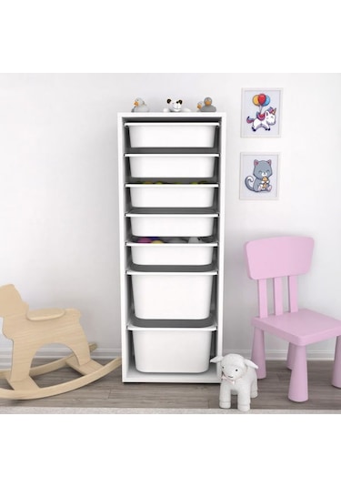 Pratico 7 Sepetli Çok Amaçlı Oyuncak Dolabı - Beyaz - 122x30x45,5 Cm Beyaz