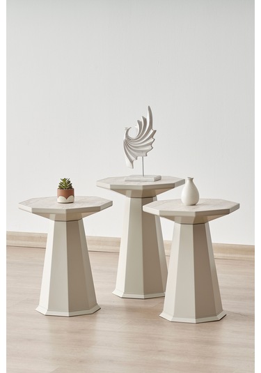 Elegance 3'lü Sehpa, Yan Sehpa, Zigon Sehpa - Kumtaşı & Traverten Rengi Tabla Kumtaşı & Traverten Rengi Tabla