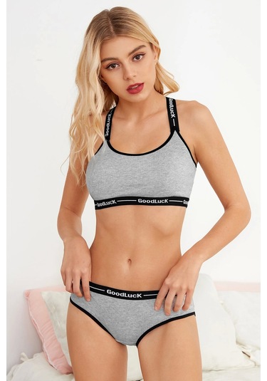 Kadın Gri Çapraz Sırtlı Yazılı Iç Çamaşır Takımı Çok Renkli