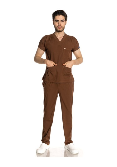 Unisex Likralı Kahve Renkli Scrubs