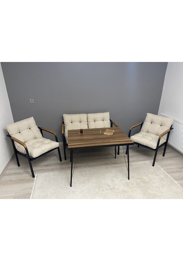 Modern Mars Balkon, Bahçe, Cafe - Metal Kanepe Koltuk Takımı - 2+1+1 + Masa Krem Modernsh34 Krem