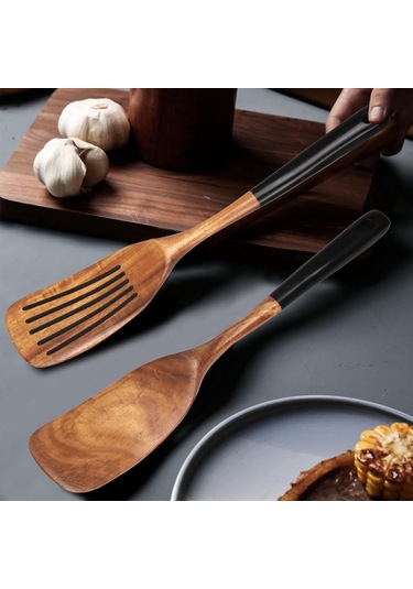 Kangvka 2 Parça Sağlıklı Ahşap Mutfak Spatula Seti - Yuvarlanabilir Ve Delikli, Teflon Tencere Uyumlu, Dayanıklı Ahşap Kürdan Siyah