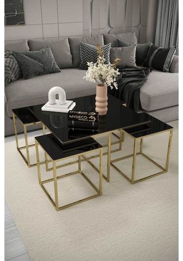 4+1 Gold Kaplama Siyah Ayna Orta Sehpa