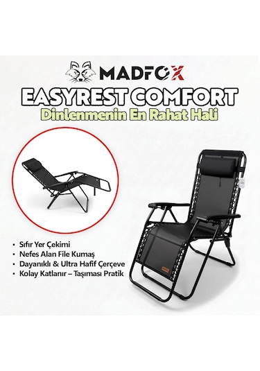 Madfox Easyrest Katlanır Şezlong Sandalye Siyah Siyah