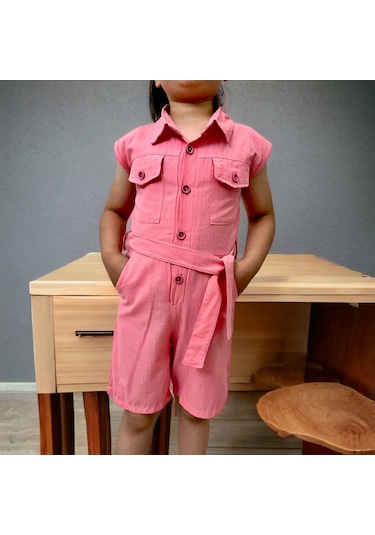 Esterella Düğmeli Cep Detaylı Somon Kısa Tulum Somon