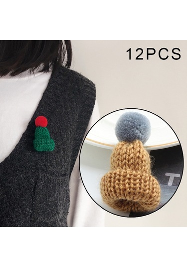 Sones 12 Adet Sevimli Mini Örgü Tüy Yumağı Şapka Broş Kazak Pins Rozet Kahve