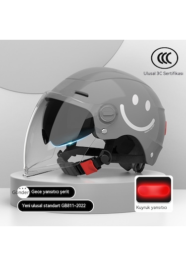 Yy SQ668 Kulak Muhafızları Çift Ayna Kuyruk Işık Açık Motosiklet Kaskı Gri