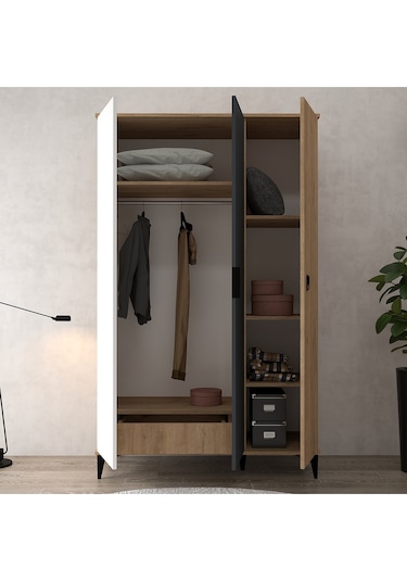 6302 Neva 3 Kapılı 200 Cm Gizli Çekmeceli Gardırop , Elbise Dolabı , Genç Odası Antrasit Beyaz Sepet