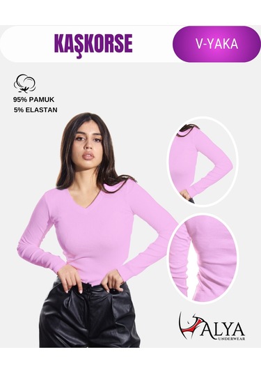 Pamuklu Kaşkorse V Yaka Body Sweatshirt, Fitilli Kumaş Likralı Bluz, Asker Yeşili Badi LILA
