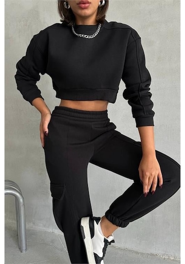 Dip Moda Kadın Bisiklet Yaka Crop Eşofman Takımı Dpnbg041 Siyah