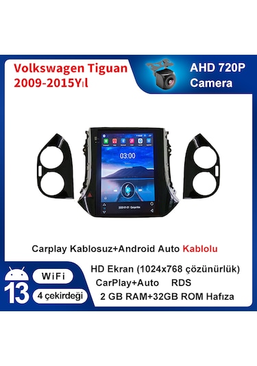 Volkswagen Tiguan 2009-2015yıl Kamera İle Android Carplay Multimedya 2gb Ram + 32gb Hafıza 9.7''