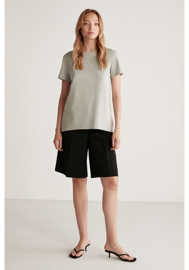 Samantha Kadın %100 Organik Pamuklu Comfort Fit Arkası Uzun Basic Örme Açık Gri T-shirt