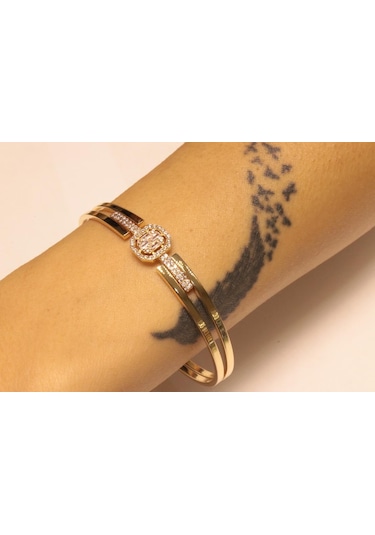 Altın Baget Taşlı Kaburga Kelepçe Bilezik 3274 Sarı Sarı Altın