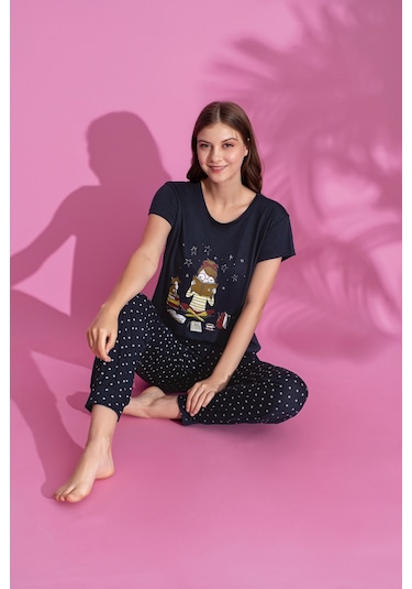 Anne Kız Kombin Desenli Viskon Kısa Kollu Pijama Takımı Anne Kız Ayrı Satılır Lacivert