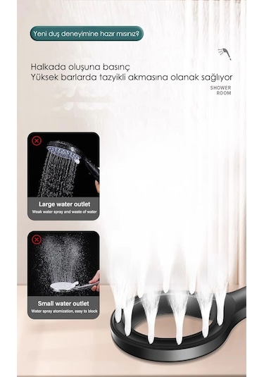 Kustar Super Sonic Su Tasarruflu Siyah Turbo Jet Banyo Duş Başlığı El Duşu Siyah