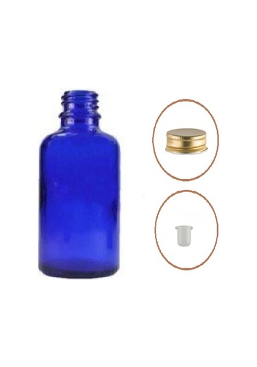 30ml Mavi Şişe Sarı Metal Düz Kapaklı, 12 Adet, Cam Şişe, Esans Şişesi, Yağ Şişesi, Kozmetik Şişesi